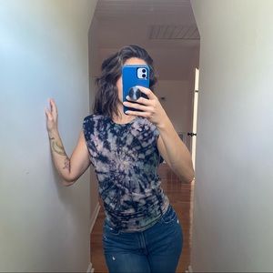 AFRM Padded Shoulder Muscle T-Shirt Tie Dye Ruched Top XS